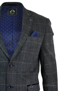 Mens Grey Check Herringbone Tweed Vintage Fit Blazer Jacket Blue Velvet Trim-Grey