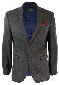 Mens Grey Check Herringbone Tweed Vintage Fit Blazer Jacket Blue Velvet Trim-Tan