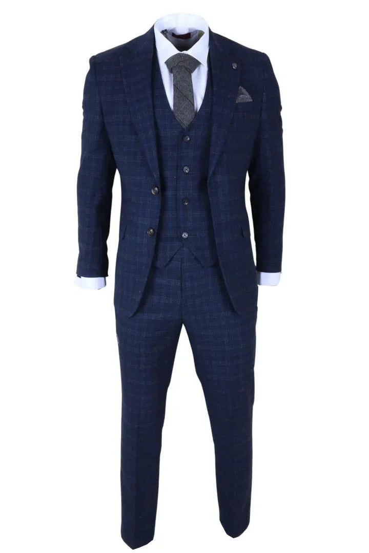 Marcos - Costum bărbătesc bleumarin în carouri, slim fit, 3 piese