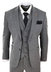 Mens Dark Grey Herringbone Tweed 3 Piece Suit