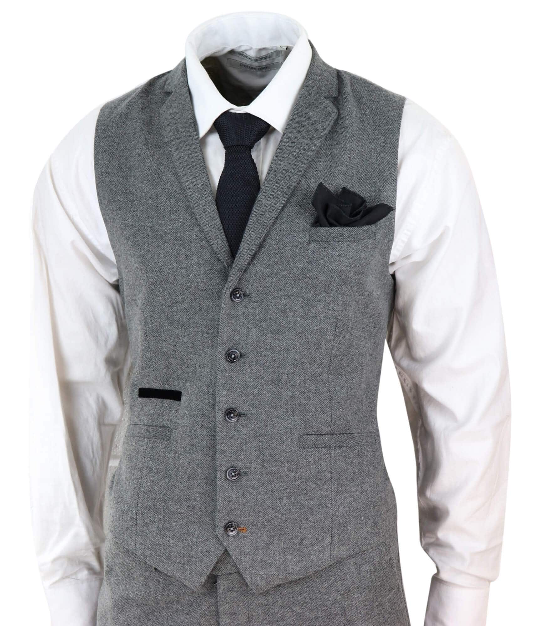 Mens Dark Grey Herringbone Tweed 3 Piece Suit
