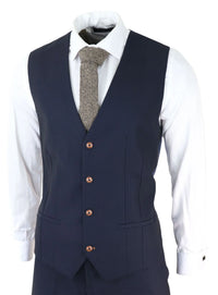 Mens 3 Piece Birdseye Navy Blue Suit Slim Fit Marc Darcy Max Classic 1920s Vintage