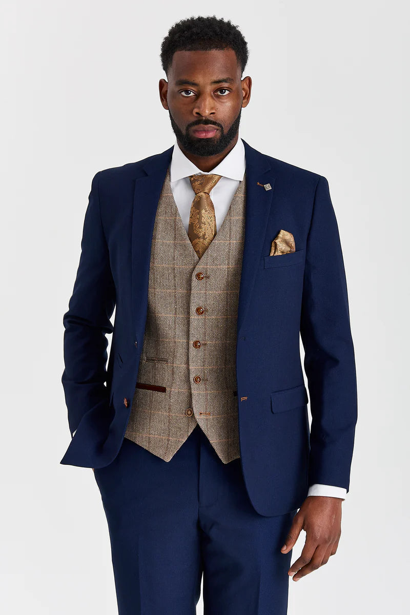 Costum texturat Mayfair bleumarin cu vestă contrastantă din tweed Harris maro