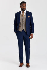 Costum texturat Mayfair bleumarin cu vestă contrastantă din tweed Harris maro