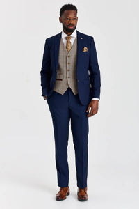 Costum texturat Mayfair bleumarin cu vestă contrastantă din tweed Harris maro