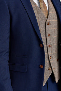 Costum texturat Mayfair bleumarin cu vestă contrastantă din tweed Harris maro