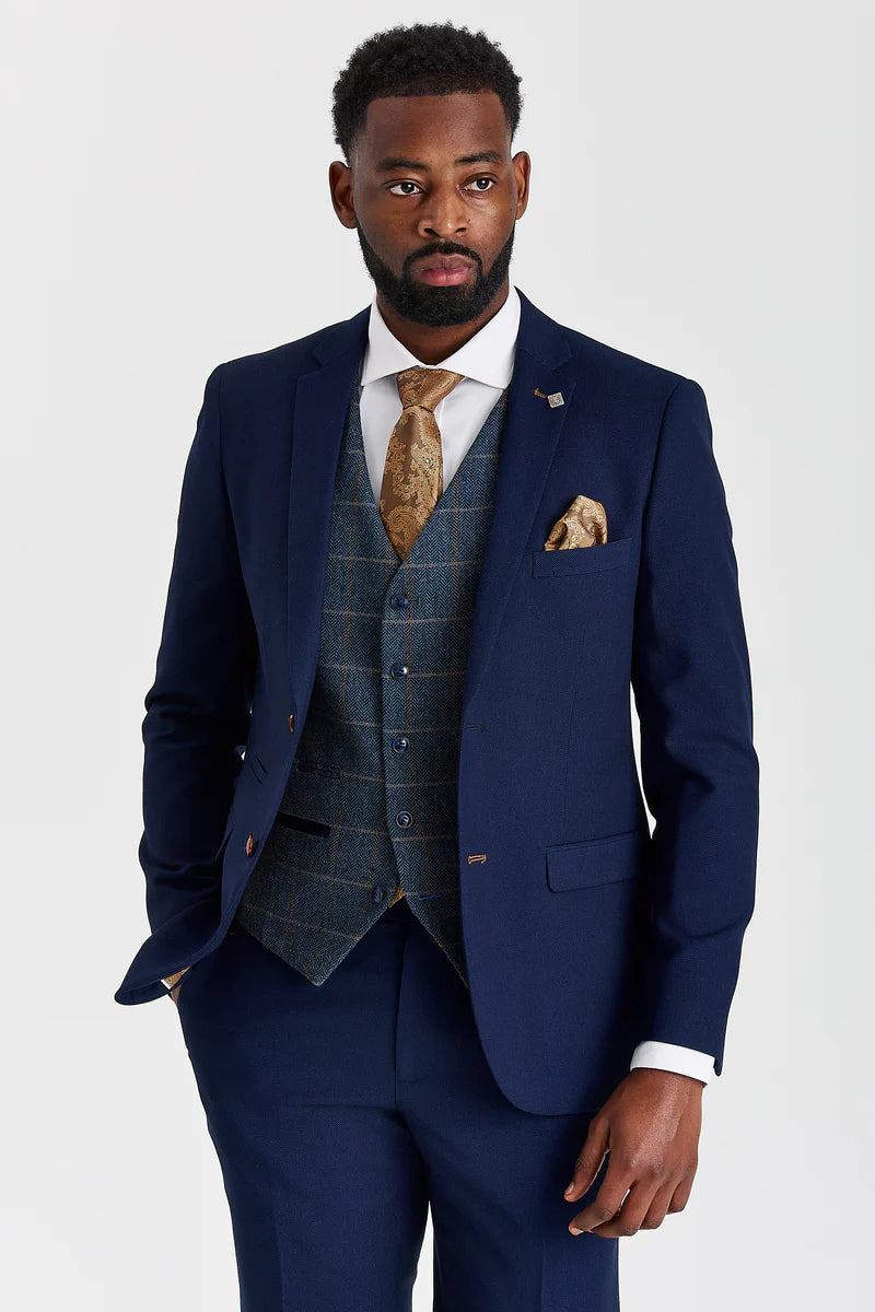 Costum texturat Mayfair bleumarin cu vestă Harris bleumarin cu imprimeu contrastant din tweed