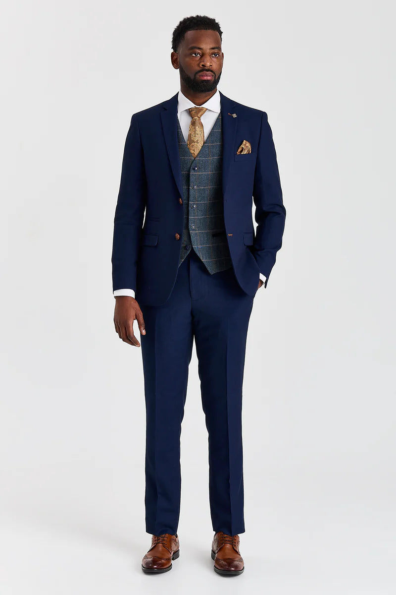 Costum texturat Mayfair bleumarin cu vestă Harris bleumarin cu imprimeu contrastant din tweed