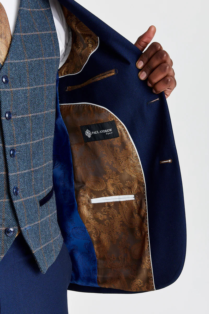 Costum texturat Mayfair bleumarin cu vestă Harris bleumarin cu imprimeu contrastant din tweed