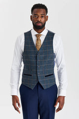 Costum texturat Mayfair bleumarin cu vestă Harris bleumarin cu imprimeu contrastant din tweed