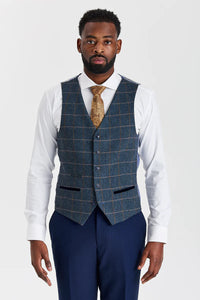 Costum texturat Mayfair bleumarin cu vestă Harris bleumarin cu imprimeu contrastant din tweed
