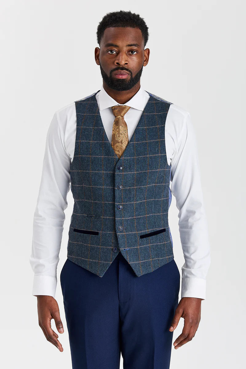 Costum texturat Mayfair bleumarin cu vestă Harris bleumarin cu imprimeu contrastant din tweed