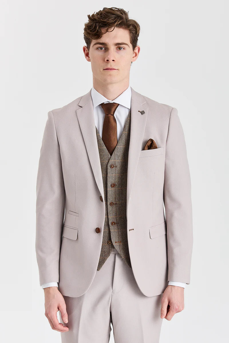 Costum texturat Mayfair Stone cu vestă din tweed Harris Brown