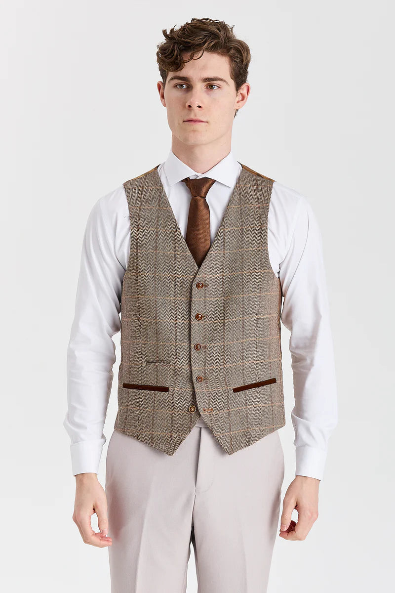 Costum texturat Mayfair Stone cu vestă din tweed Harris Brown