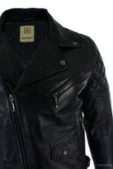 Real Leather Cross Zip Mens Biker Jacket Black Tailored Fit Retro Casual