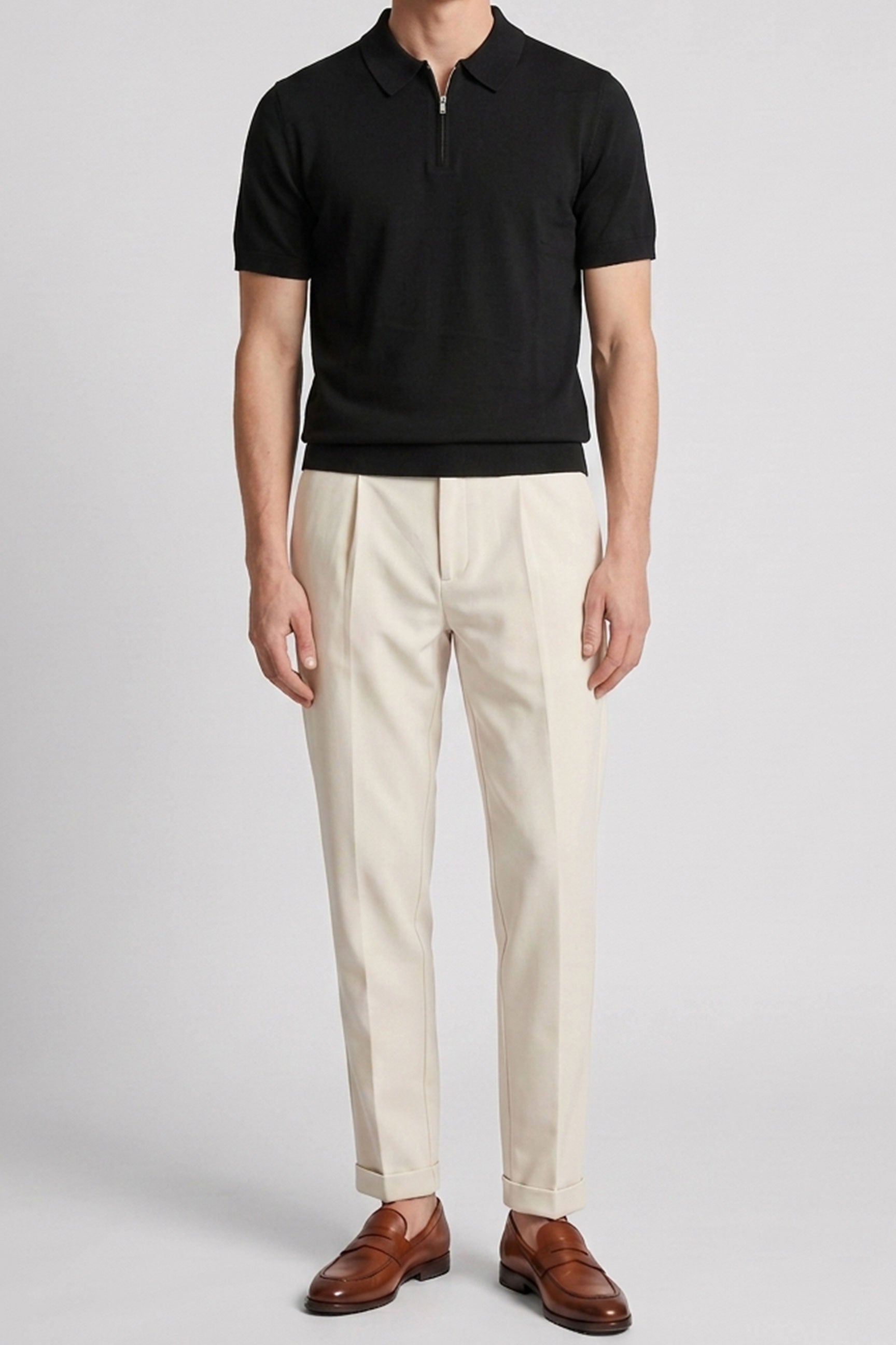 Tricou polo bărbătesc negru tricotat, cu guler fermoar, amestec moale, mânecă scurtă