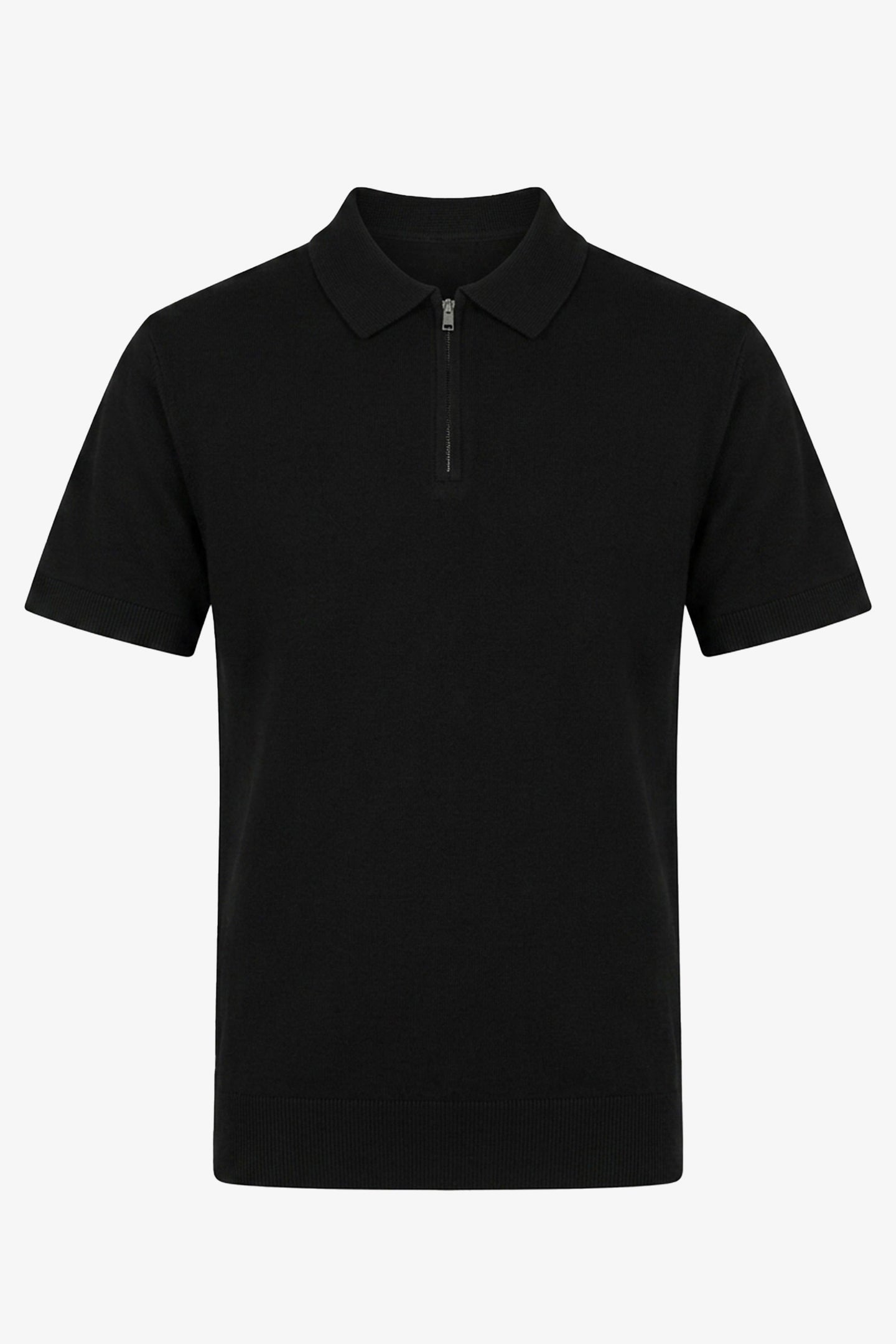 Tricou polo bărbătesc negru tricotat, cu guler fermoar, amestec moale, mânecă scurtă
