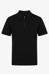 Tricou polo bărbătesc negru tricotat, cu guler fermoar, amestec moale, mânecă scurtă