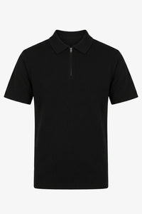 Tricou polo bărbătesc negru tricotat, cu guler fermoar, amestec moale, mânecă scurtă