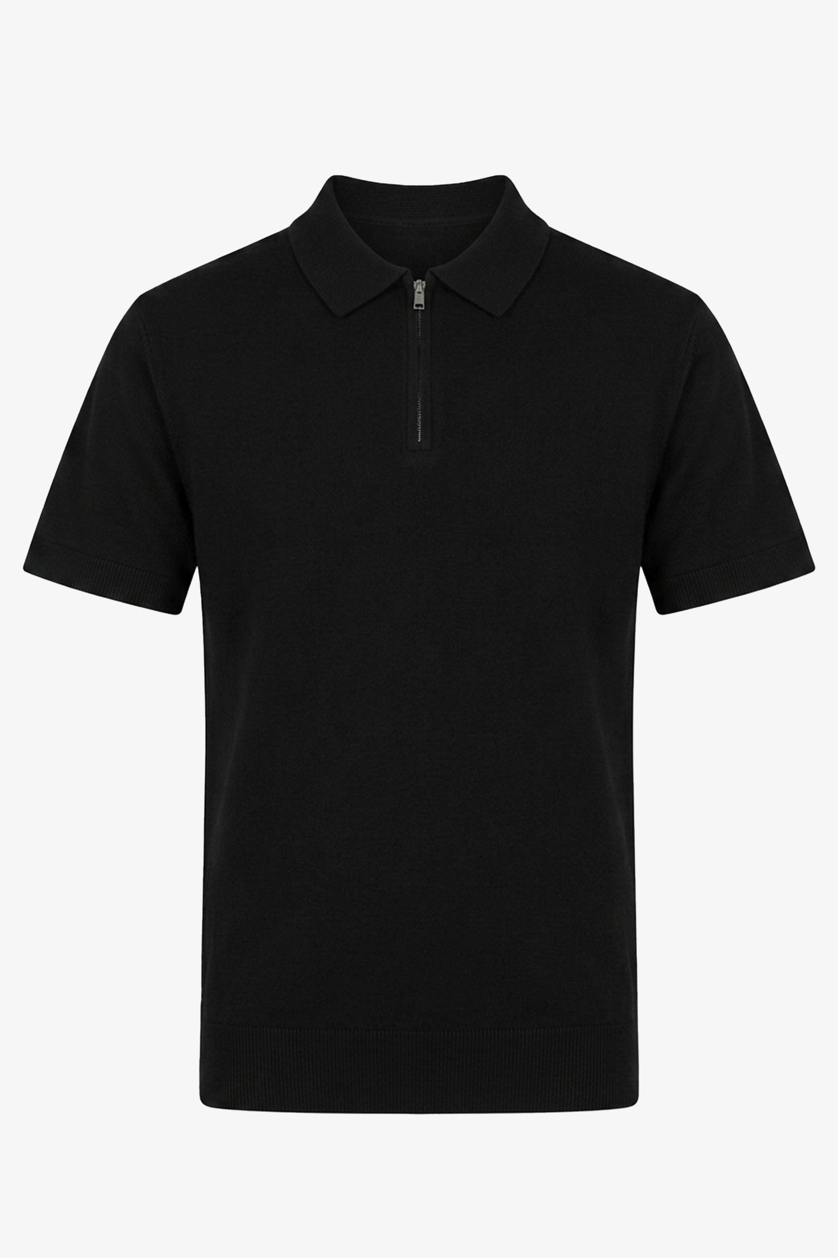 Tricou polo bărbătesc negru tricotat, cu guler fermoar, amestec moale, mânecă scurtă