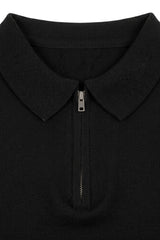 Tricou polo bărbătesc negru tricotat, cu guler fermoar, amestec moale, mânecă scurtă