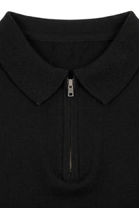 Tricou polo bărbătesc negru tricotat, cu guler fermoar, amestec moale, mânecă scurtă