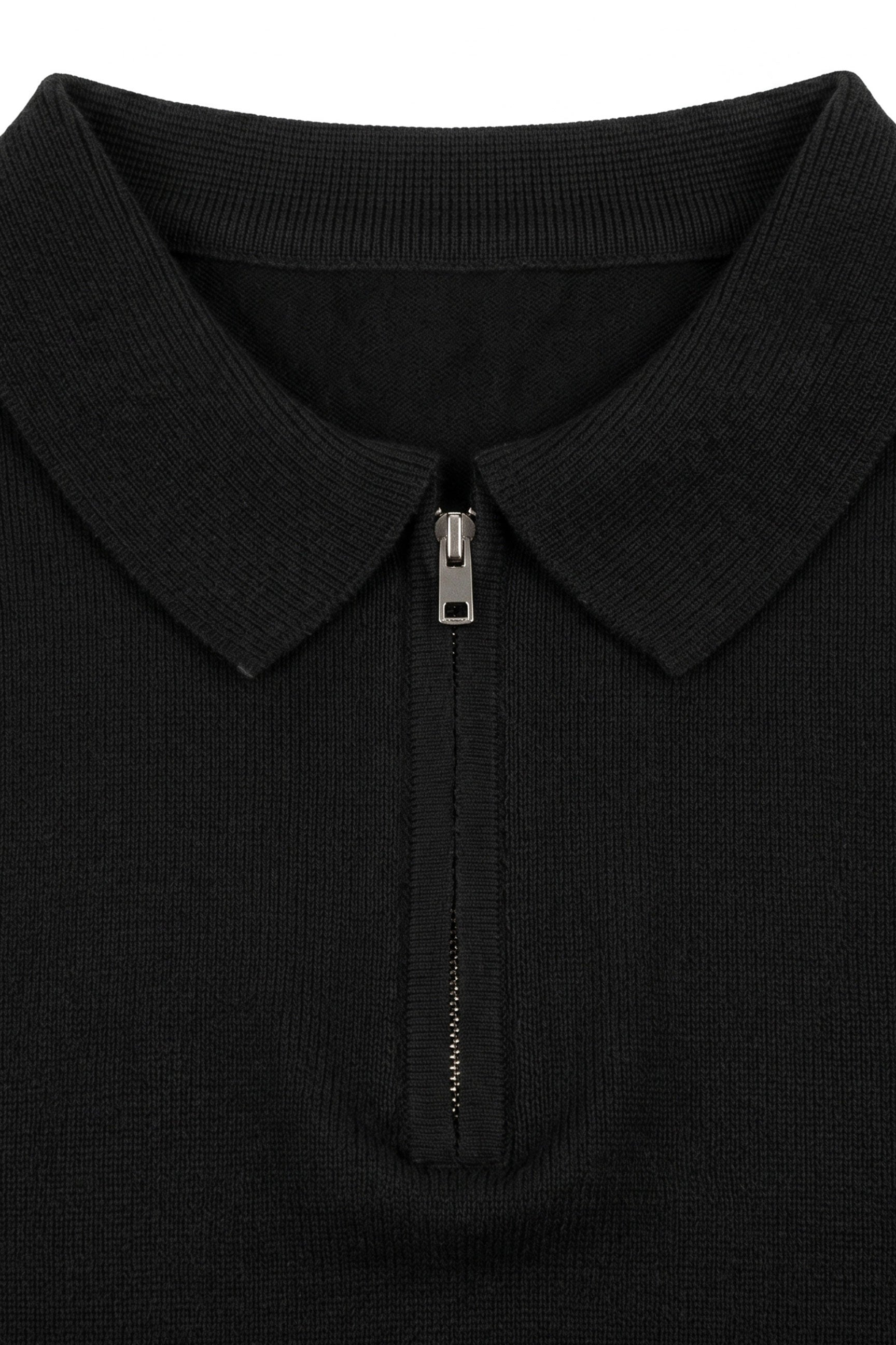 Tricou polo bărbătesc negru tricotat, cu guler fermoar, amestec moale, mânecă scurtă