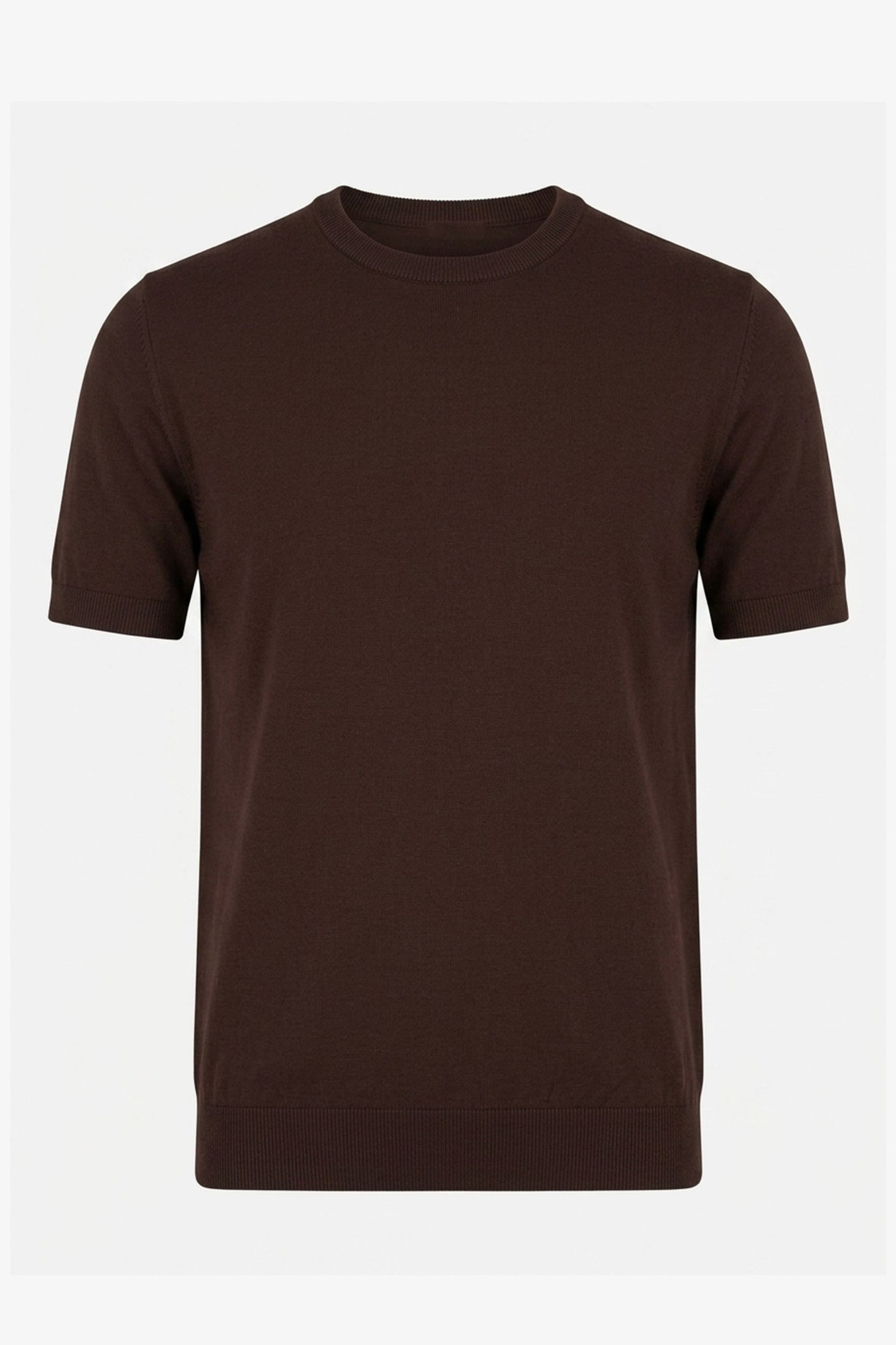 Tricou bărbătesc maro tricotat, croială regulată, guler rotund, mânecă scurtă