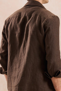 Set bărbătesc de vară, elegant, casual, cu jachetă maro cu fermoar din in și pantaloni bej, model elegant