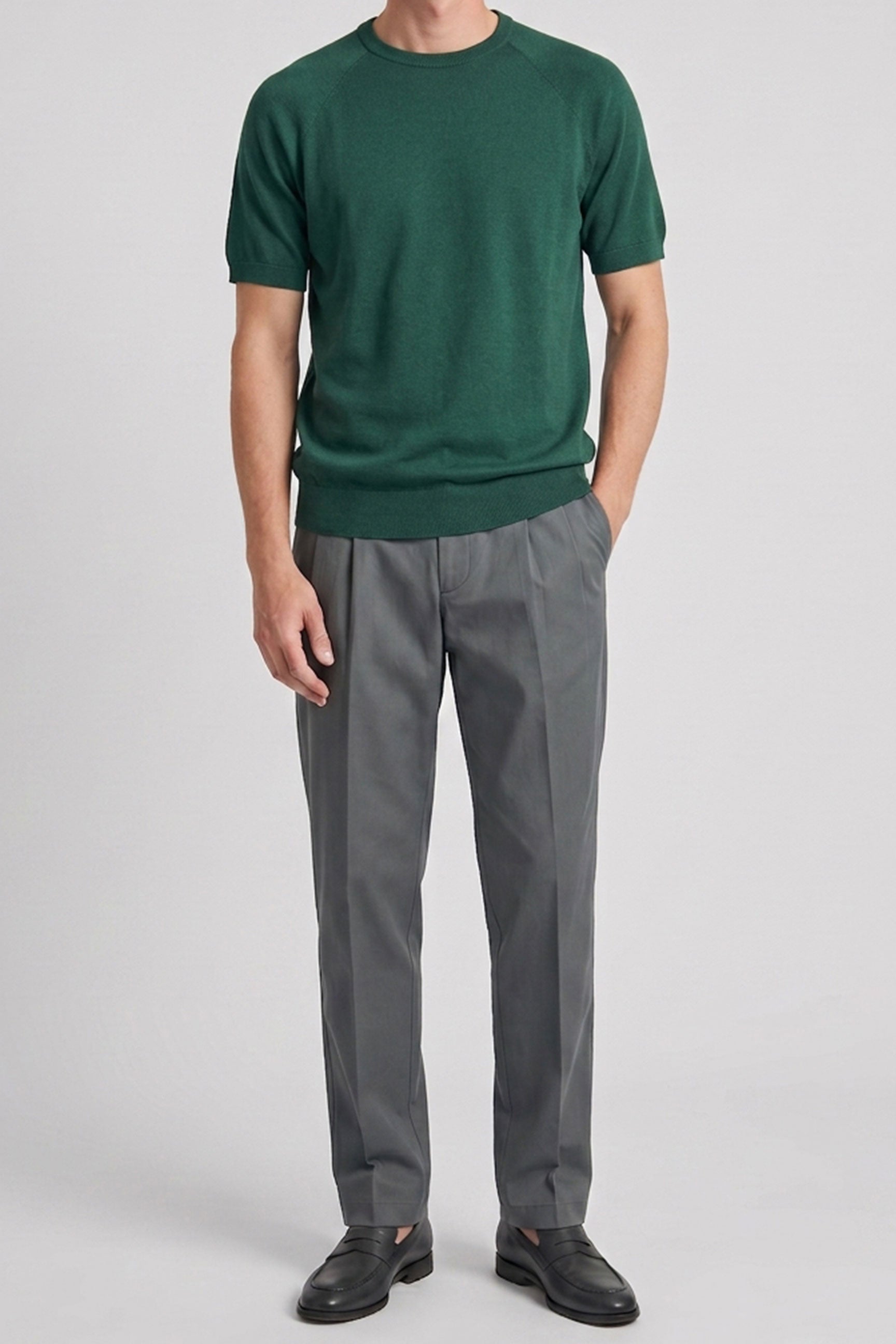 Tricou bărbătesc verde clasic tricotat cu mânecă scurtă și guler rotund