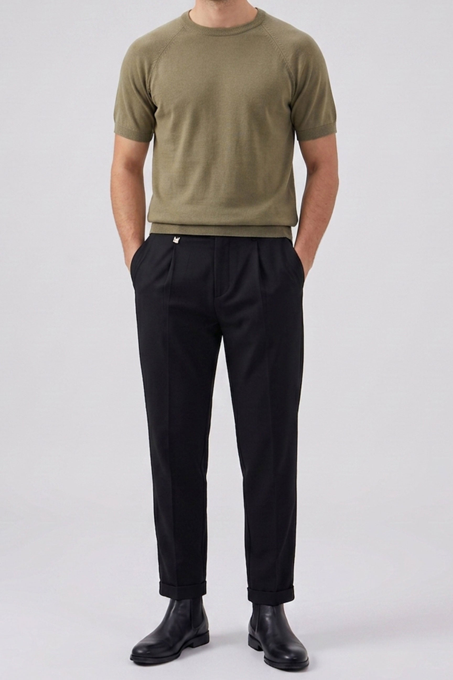 Tricou bărbătesc kaki clasic tricotat, cu mânecă scurtă, guler rotund