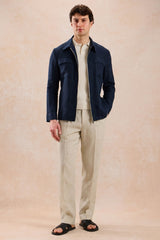 Set bărbătesc de vară, elegant, casual, cu jachetă din in, bleumarin, cu fermoar și pantaloni bej