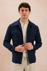Set bărbătesc de vară, elegant, casual, cu jachetă din in, bleumarin, cu fermoar și pantaloni bej