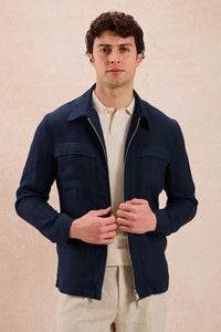 Set bărbătesc de vară, elegant, casual, cu jachetă din in, bleumarin, cu fermoar și pantaloni bej
