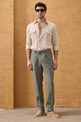 Set bărbătesc de vară, elegant, casual, cu jachetă din in, bleumarin, cu fermoar și pantaloni gri salvie