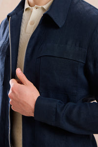 Set bărbătesc de vară, elegant, casual, cu jachetă din in, bleumarin, cu fermoar și pantaloni gri salvie