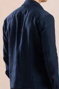 Set bărbătesc de vară, elegant, casual, cu jachetă din in, bleumarin, cu fermoar și pantaloni gri salvie