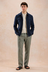 Set bărbătesc de vară, elegant, casual, cu jachetă din in, bleumarin, cu fermoar și pantaloni gri salvie