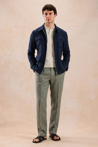 Set bărbătesc de vară, elegant, casual, cu jachetă din in, bleumarin, cu fermoar și pantaloni gri salvie