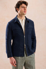 Set bărbătesc de vară, elegant, casual, cu jachetă din in, bleumarin, cu fermoar și pantaloni gri salvie