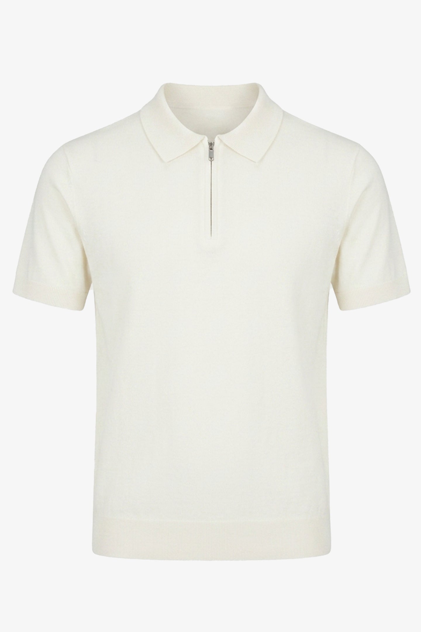 Tricou polo tricotat alb-gălbui pentru bărbați, cu guler fermoar, amestec moale, mânecă scurtă