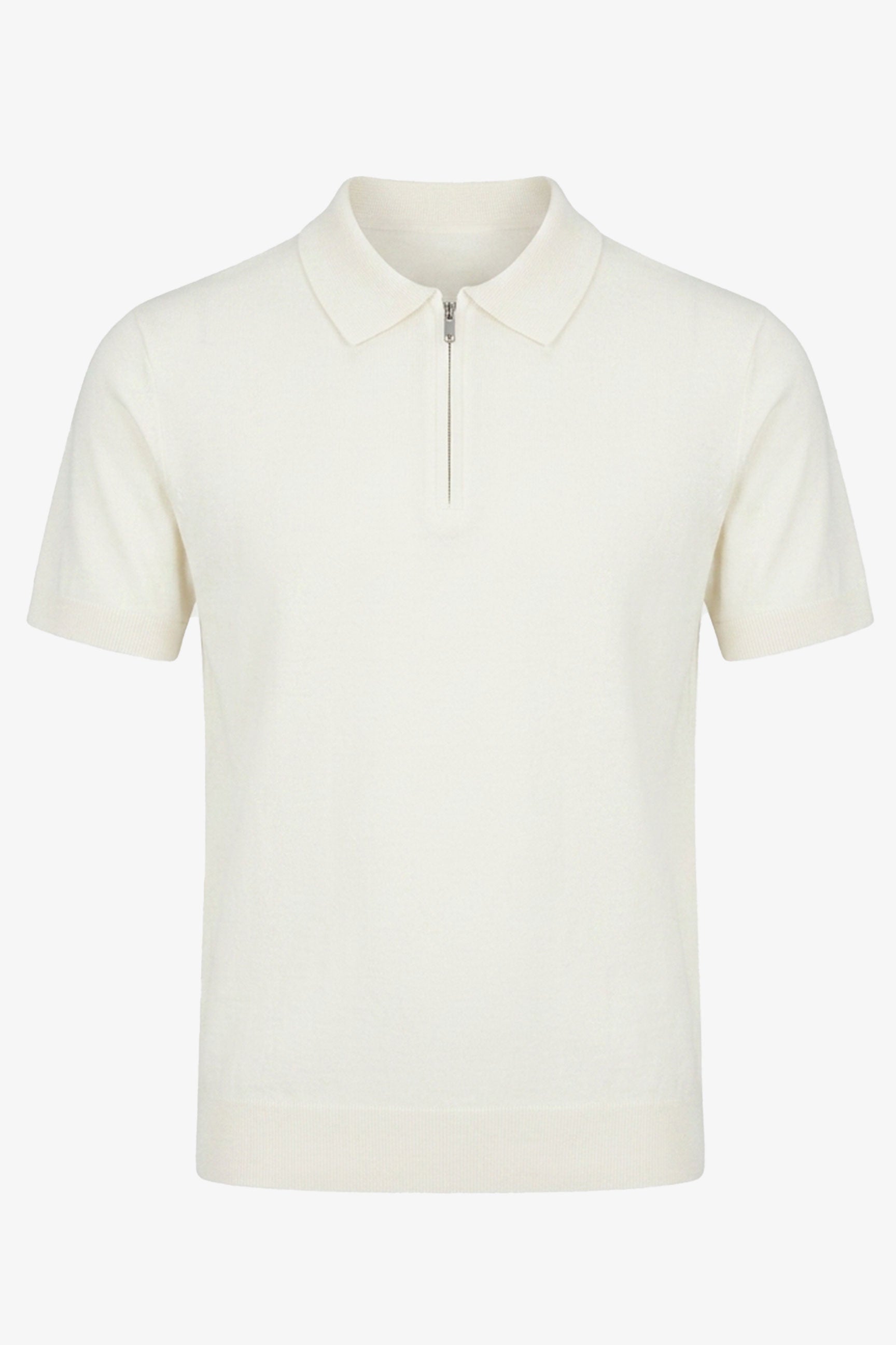 Tricou polo tricotat alb-gălbui pentru bărbați, cu guler fermoar, amestec moale, mânecă scurtă
