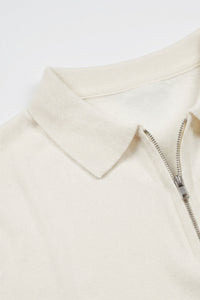 Tricou polo tricotat alb-gălbui pentru bărbați, cu guler fermoar, amestec moale, mânecă scurtă