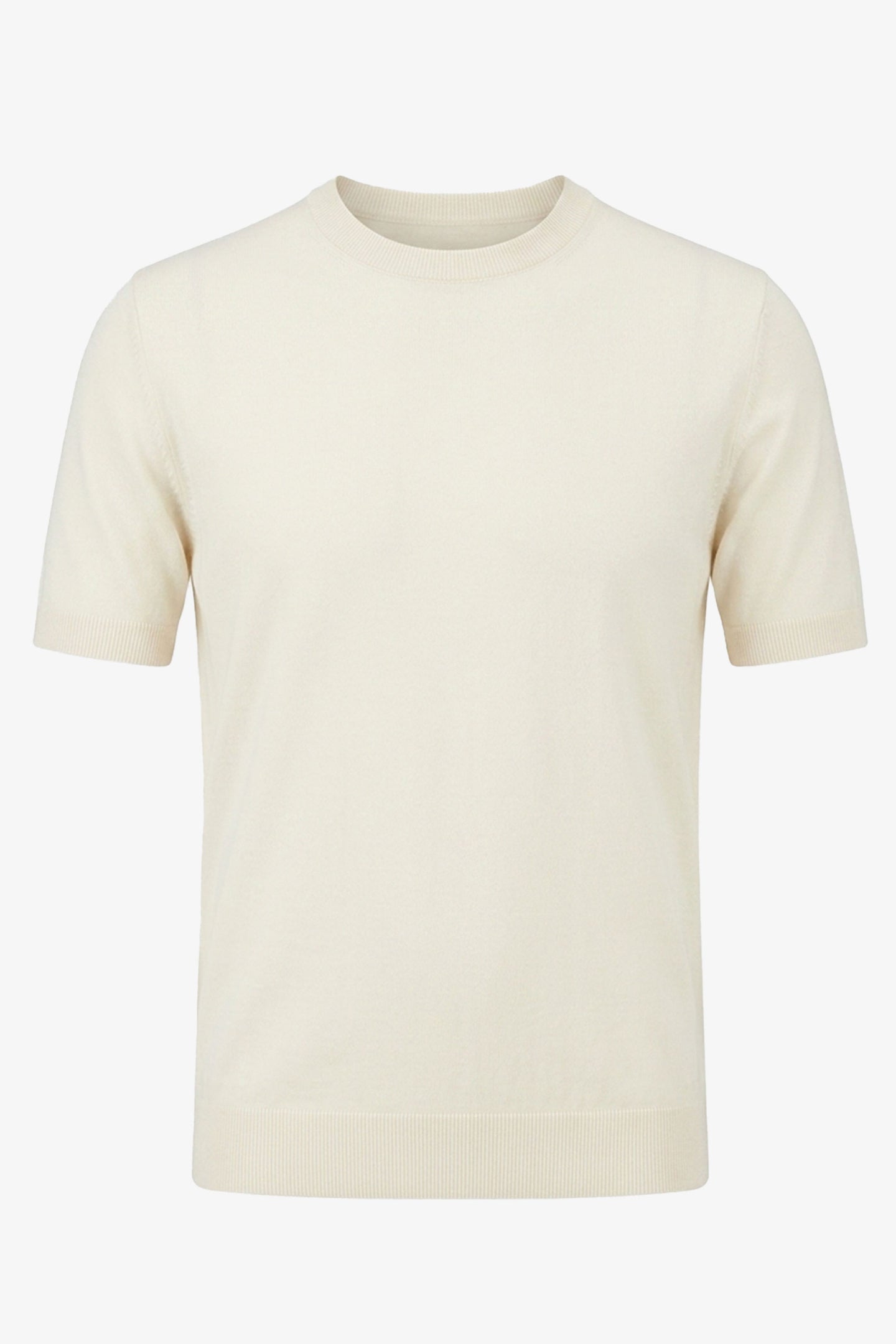 Tricou bărbătesc Off White tricotat, croială regulată, cu guler rotund, mânecă scurtă