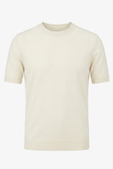Tricou bărbătesc Off White tricotat, croială regulată, cu guler rotund, mânecă scurtă