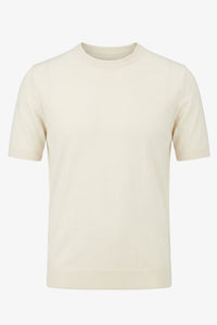 Tricou bărbătesc Off White tricotat, croială regulată, cu guler rotund, mânecă scurtă