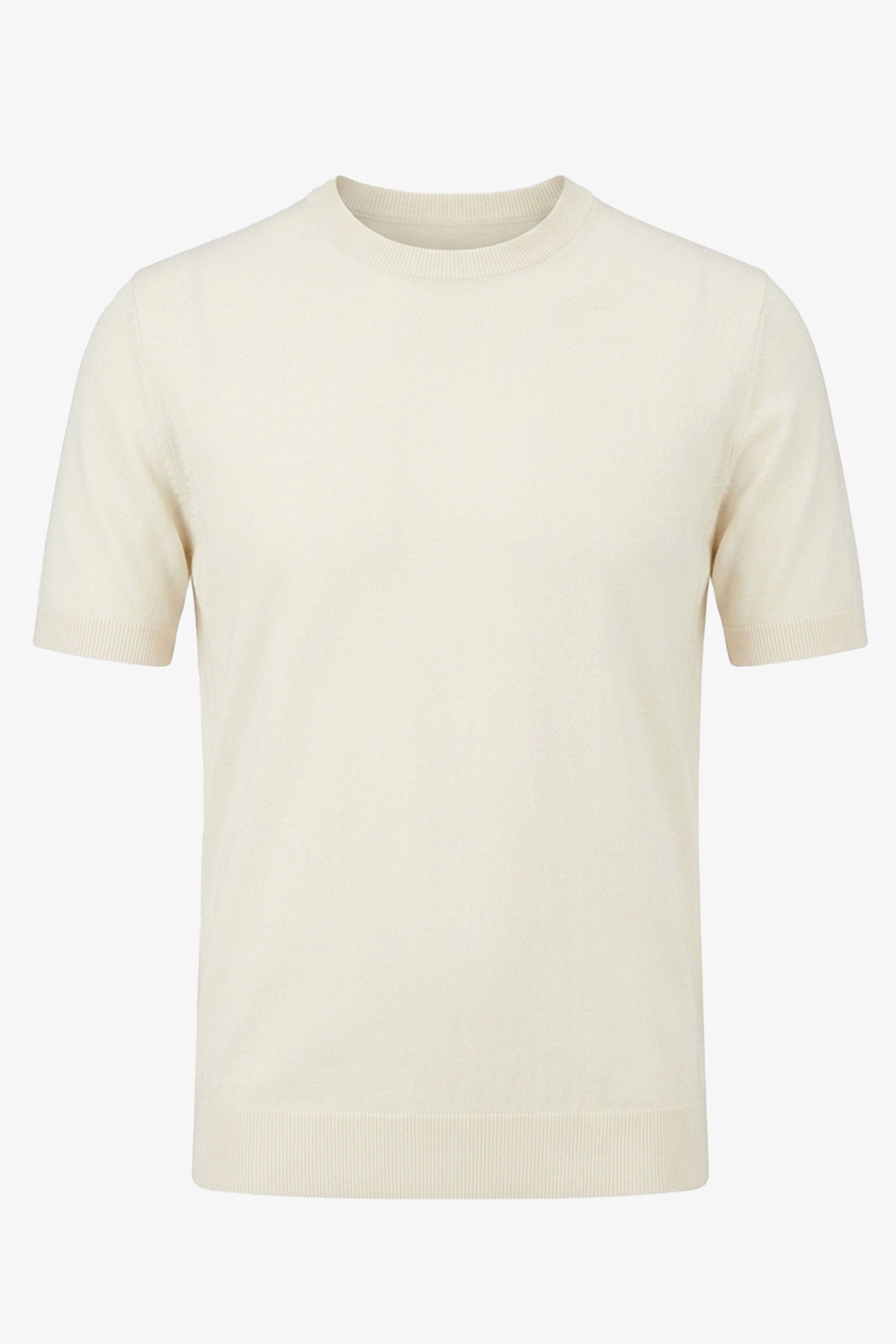 Tricou bărbătesc Off White tricotat, croială regulată, cu guler rotund, mânecă scurtă