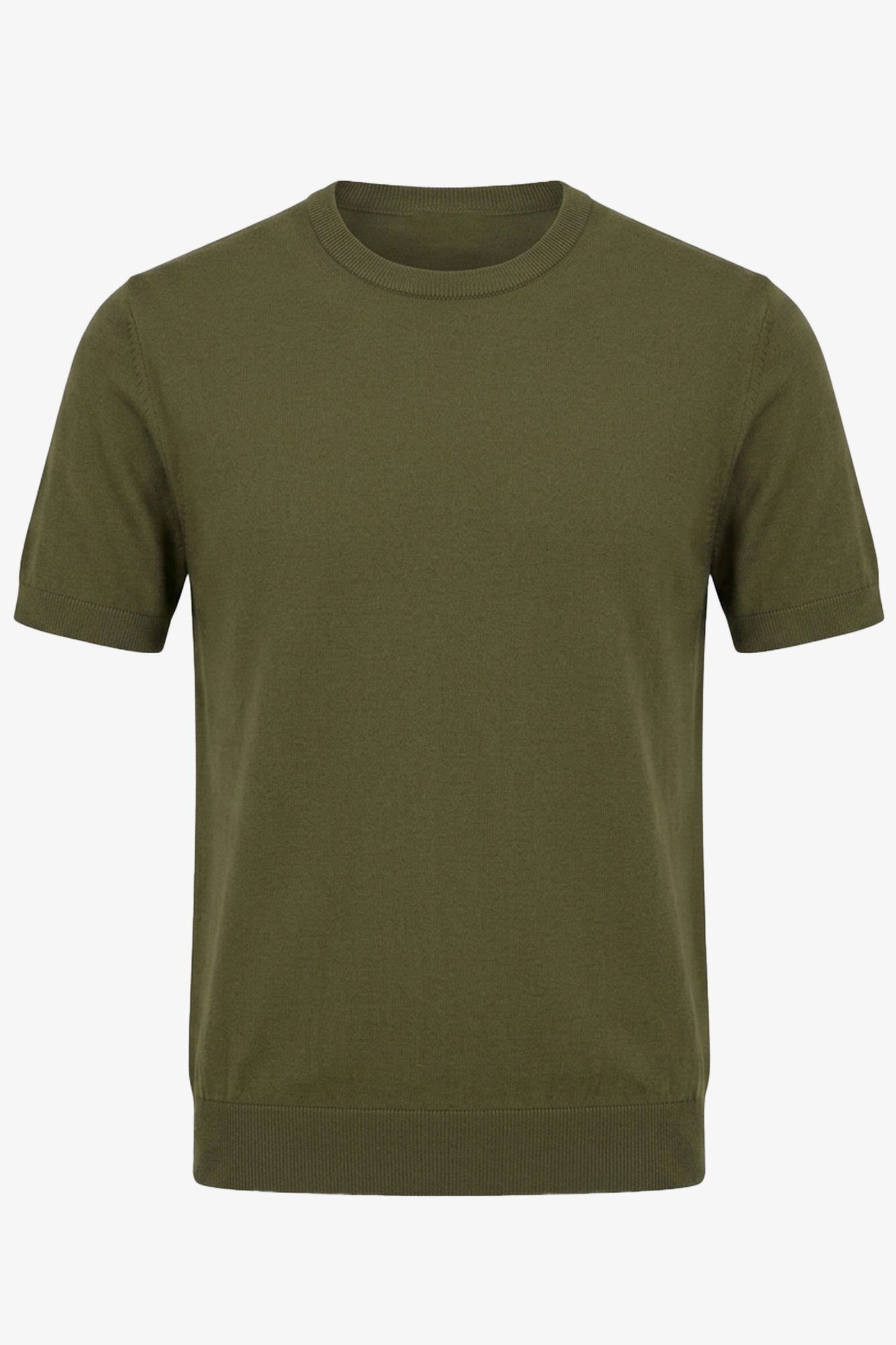Tricou bărbătesc verde măsliniu, tricotat, croială regulată, cu guler rotund, mânecă scurtă