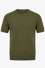 Tricou bărbătesc verde măsliniu, tricotat, croială regulată, cu guler rotund, mânecă scurtă
