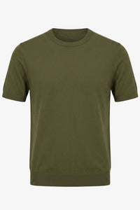 Tricou bărbătesc verde măsliniu, tricotat, croială regulată, cu guler rotund, mânecă scurtă